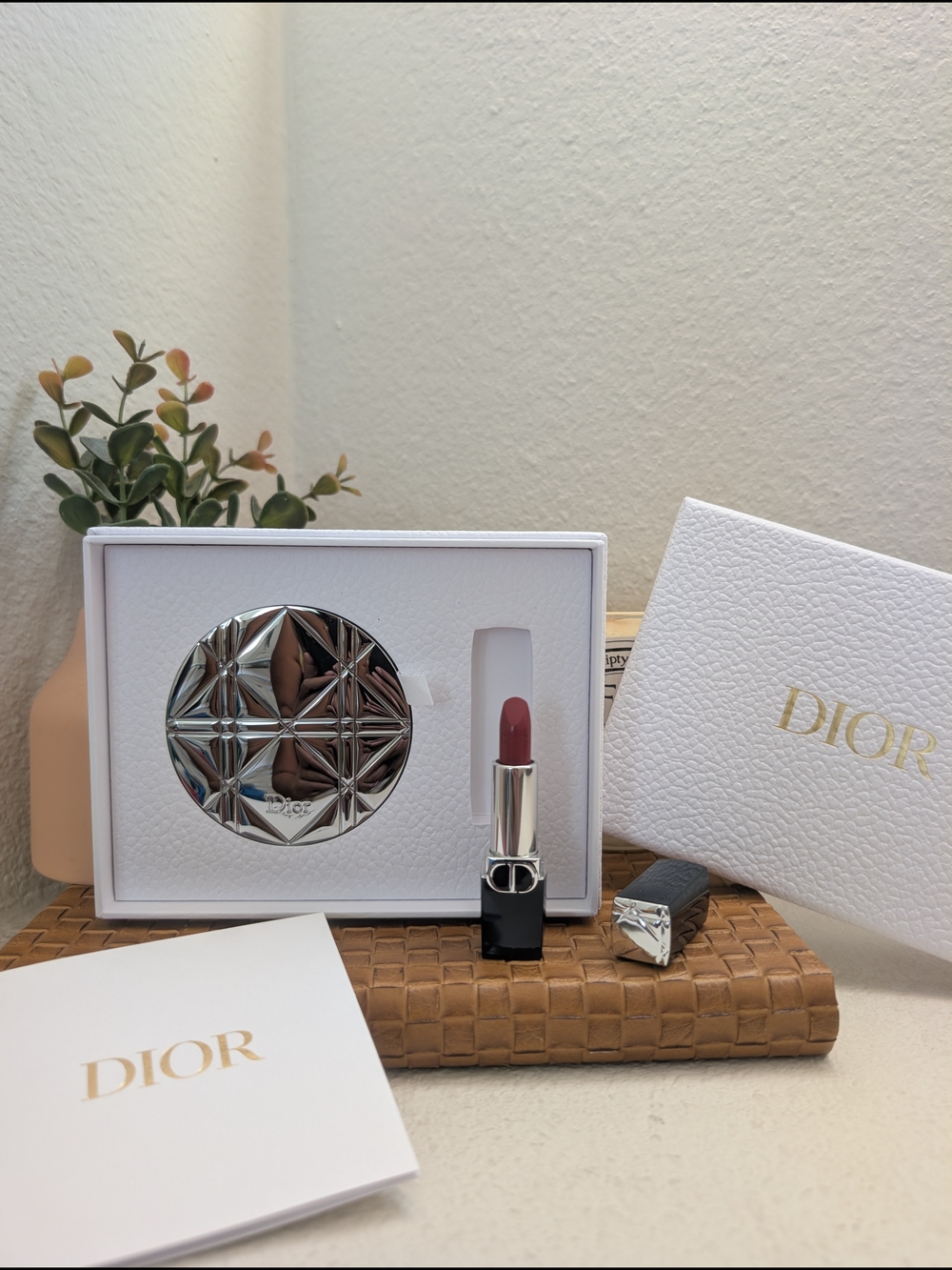Dior Silver Cannage Pocket Mirror & Mini Rouge Dior Lipstick GWP